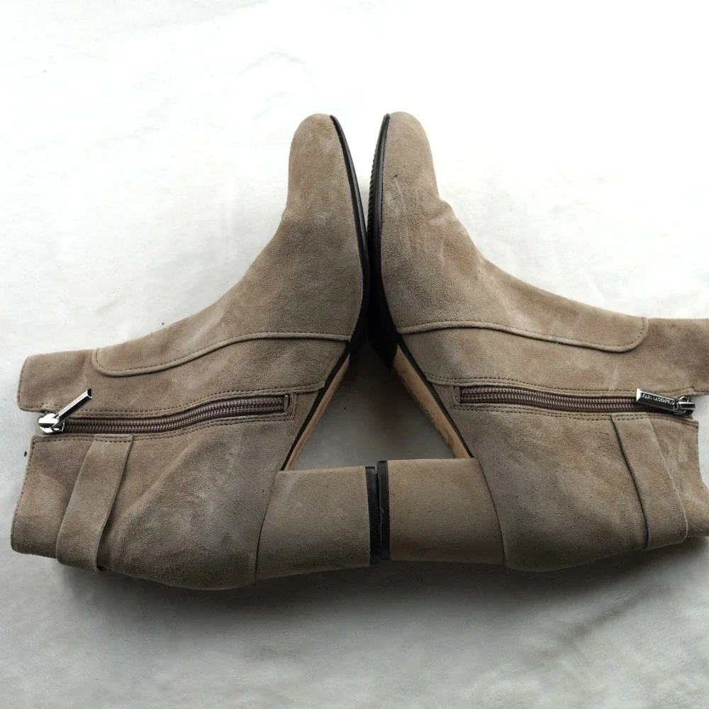 Karl Lagerfeld Paris Cosette Ankle Boots Women 6 Suede Buckle Block Heel Taupe